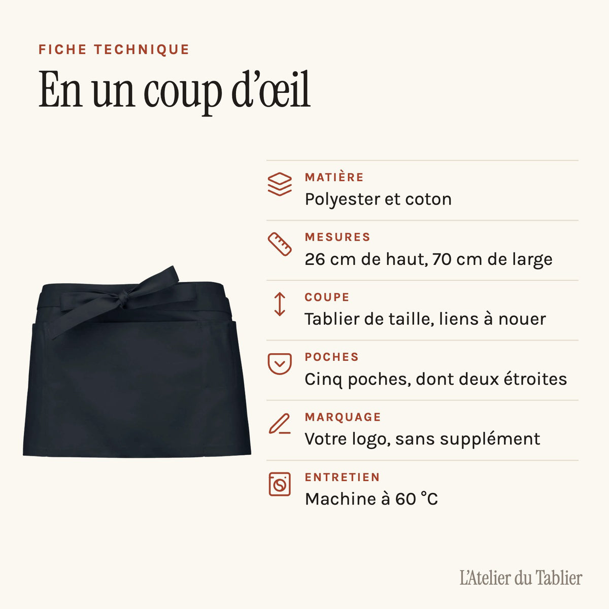Tablier court personnalisé, à cinq poches, fiche technique