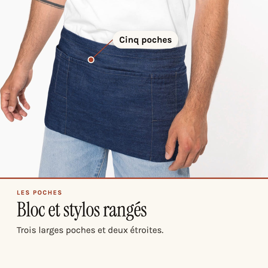 Tablier court personnalisé, à cinq poches, jean, porté, les poches