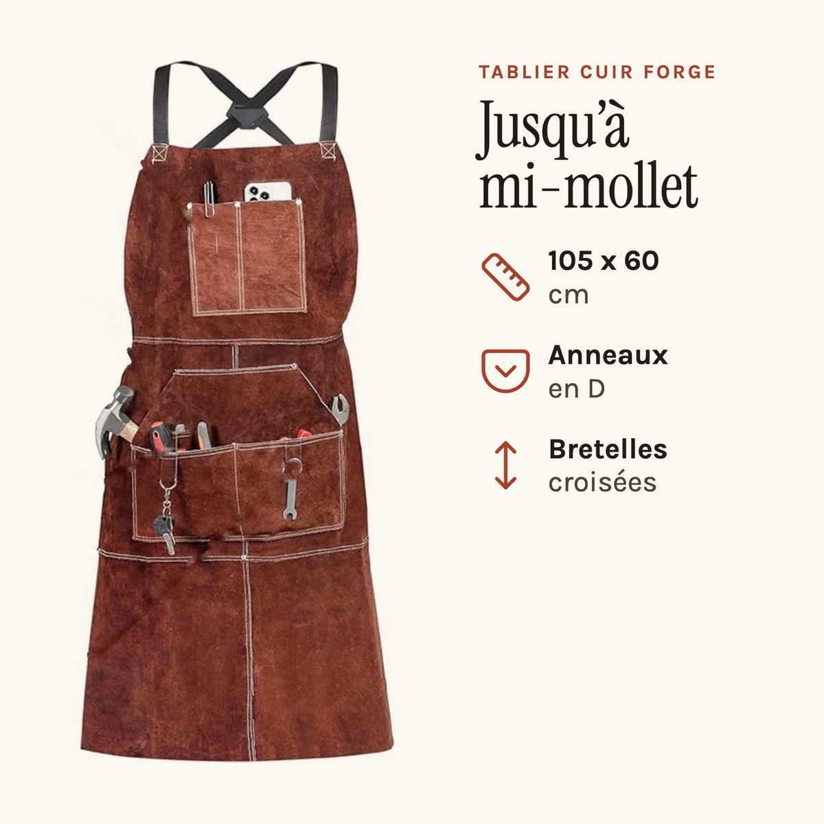 Tablier cuir forge long, poches à anneaux en D, bretelles croisées et poches à anneaux