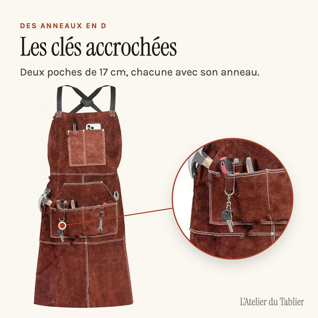 Tablier cuir forge long, poches à anneaux en D, anneau en D et trousseau de clés