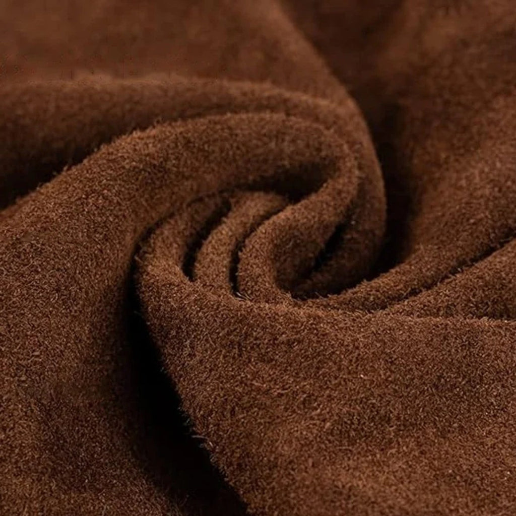 Tablier cuir forge long, poches à anneaux en D, cuir velours marron de près
