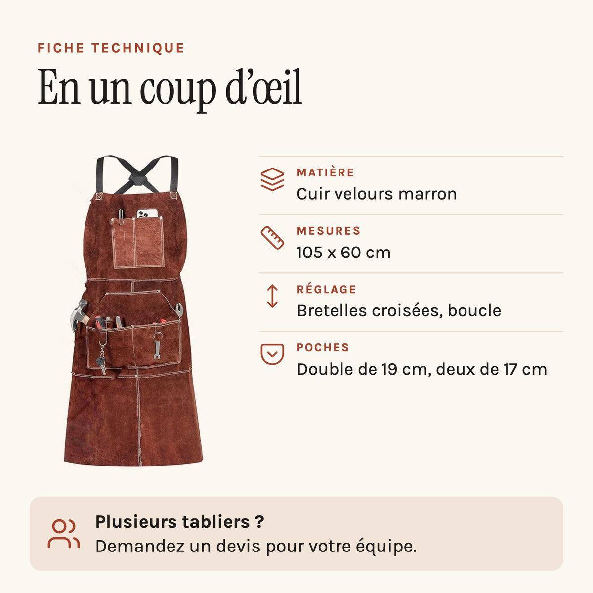 Tablier cuir forge long, poches à anneaux en D, fiche technique