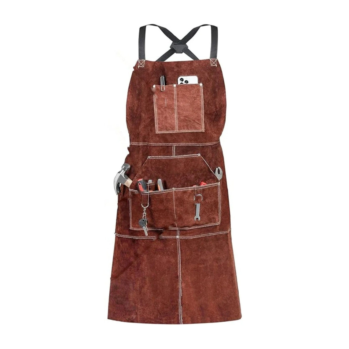Tablier cuir forge long, poches à anneaux en D, cuir velours marron, outils dans les poches