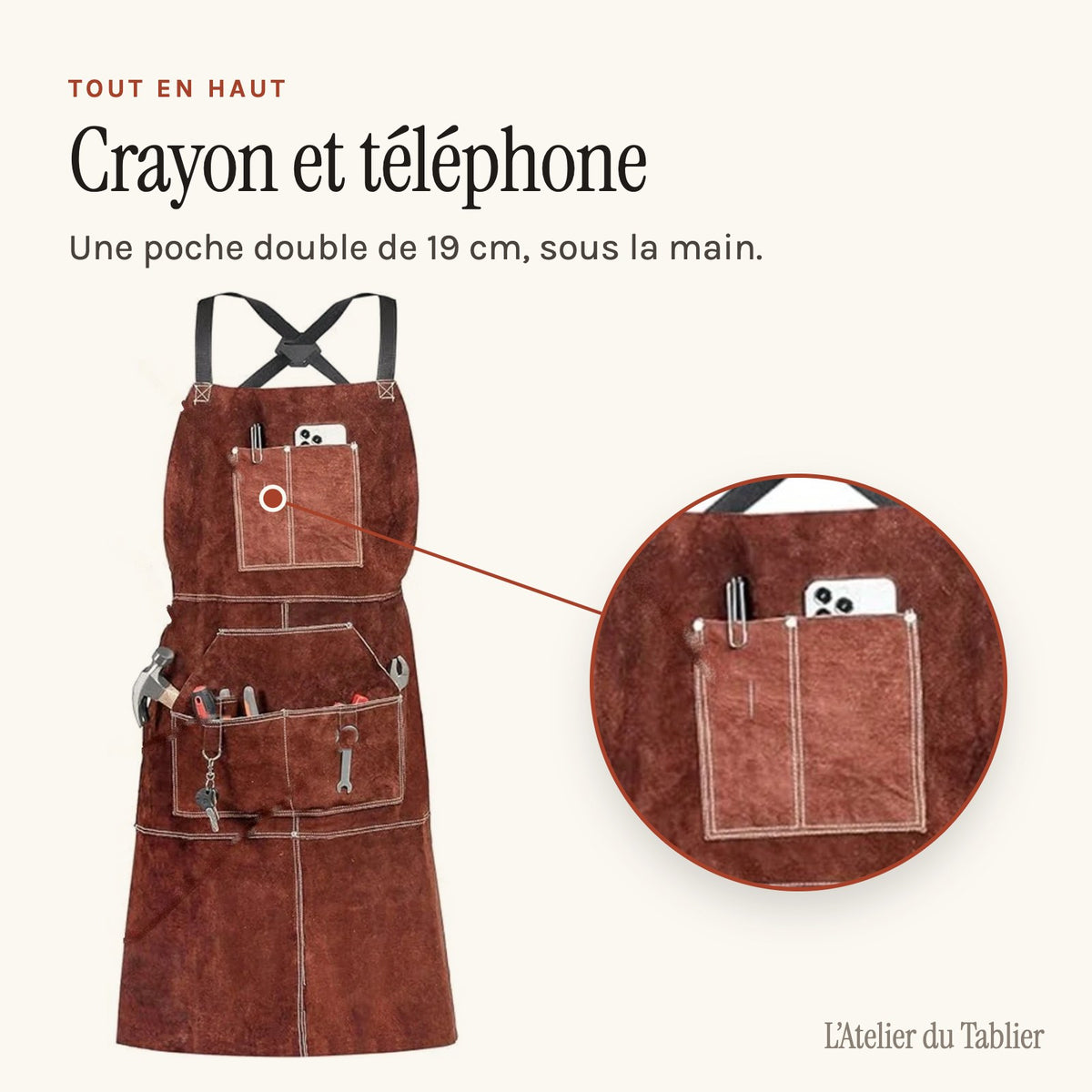 Tablier cuir forge long, poches à anneaux en D, poche double de poitrine