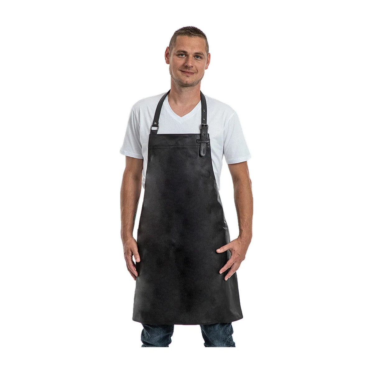 Kochschürze aus Leder, Schwarz, getragen