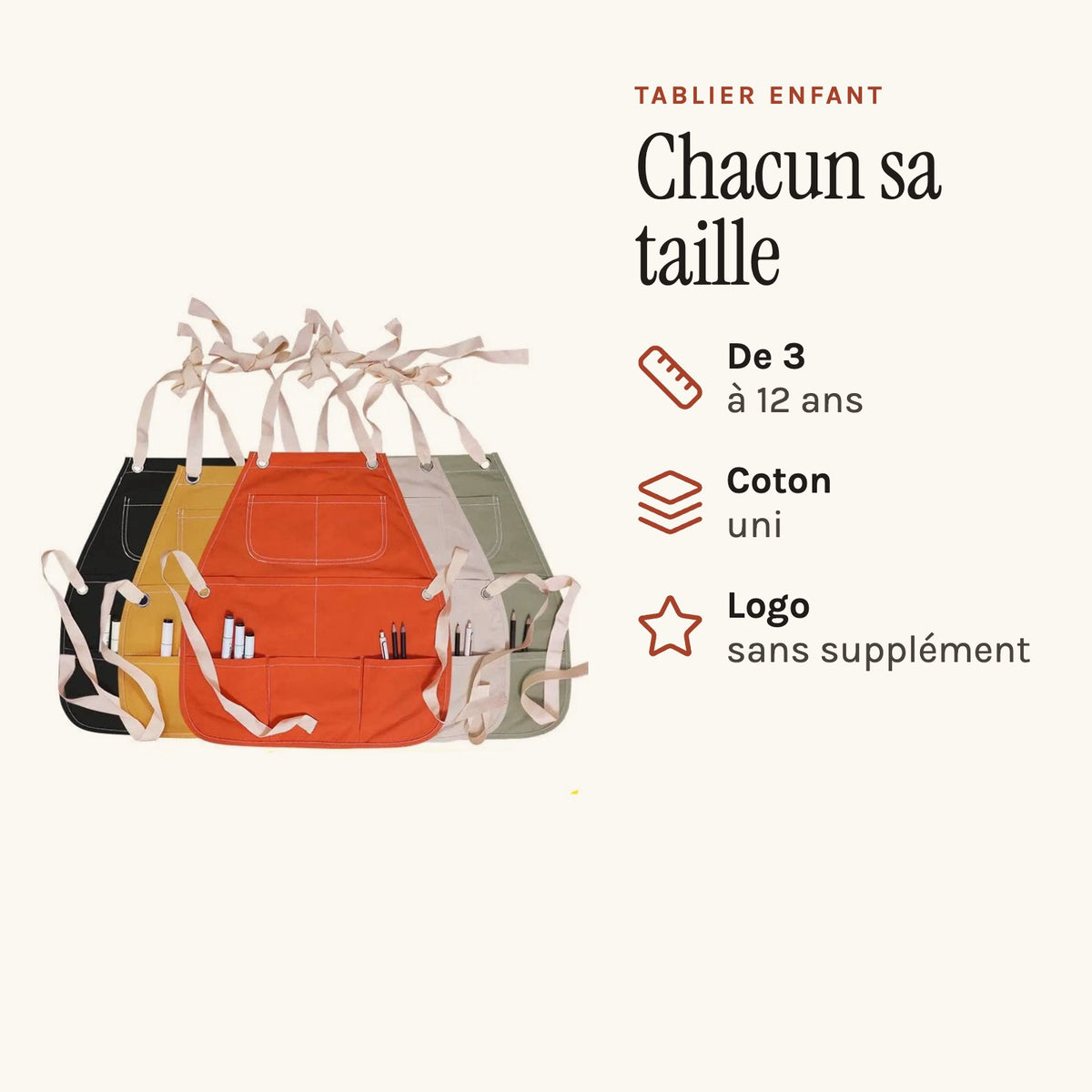 Tablier cuisine enfant personnalisé en coton, trois tailles, les six teintes côte à côte