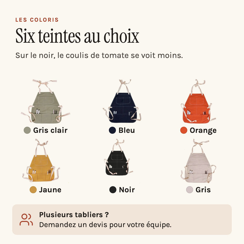 Tablier cuisine enfant personnalisé en coton, trois tailles, les six teintes