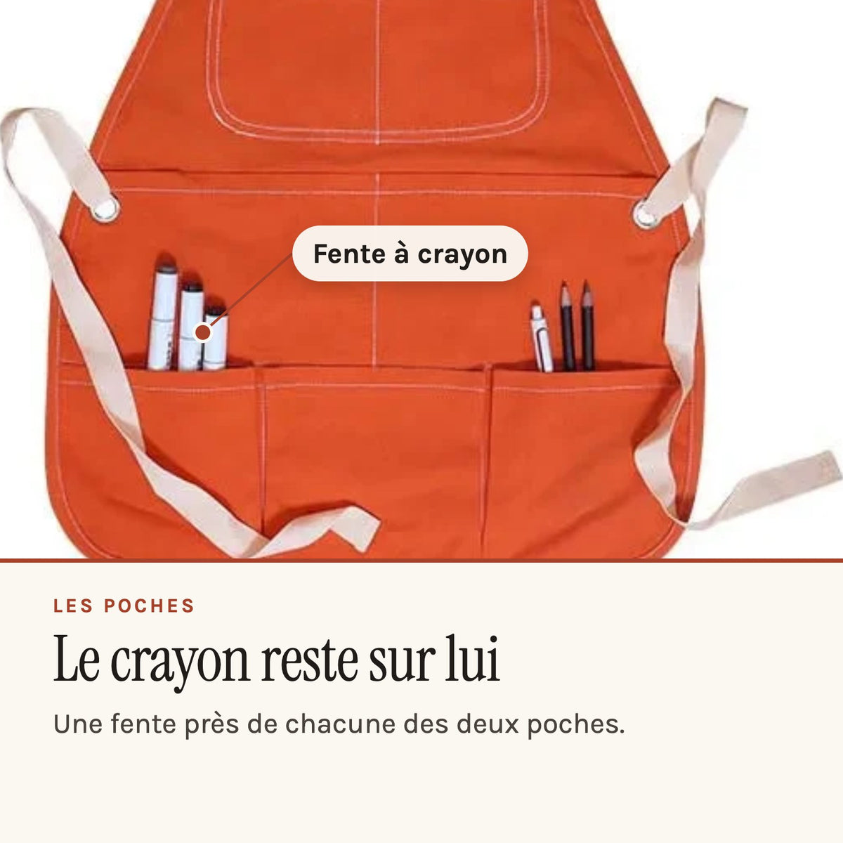 Tablier cuisine enfant personnalisé en coton, trois tailles, orange, fente à crayon près de la poche