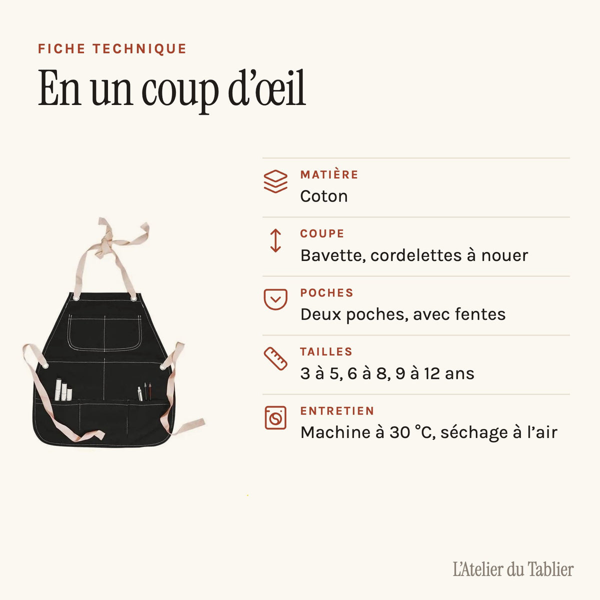Tablier cuisine enfant personnalisé en coton, trois tailles, fiche technique