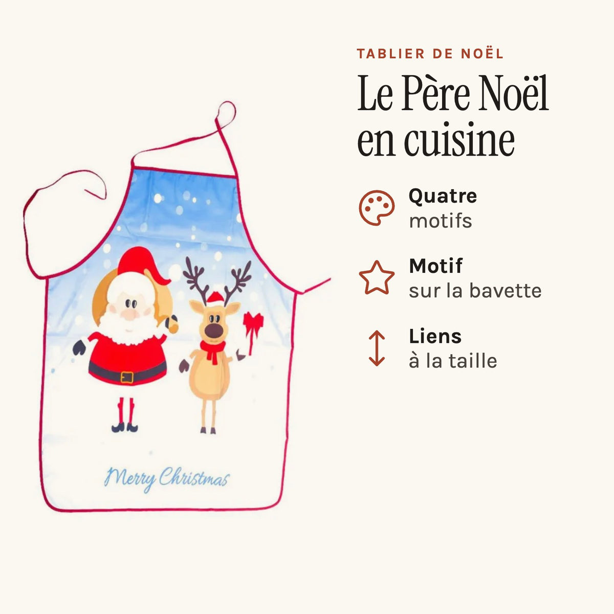 Tablier de cuisine Père Noël, quatre motifs de fête, motif Père Noël et renne
