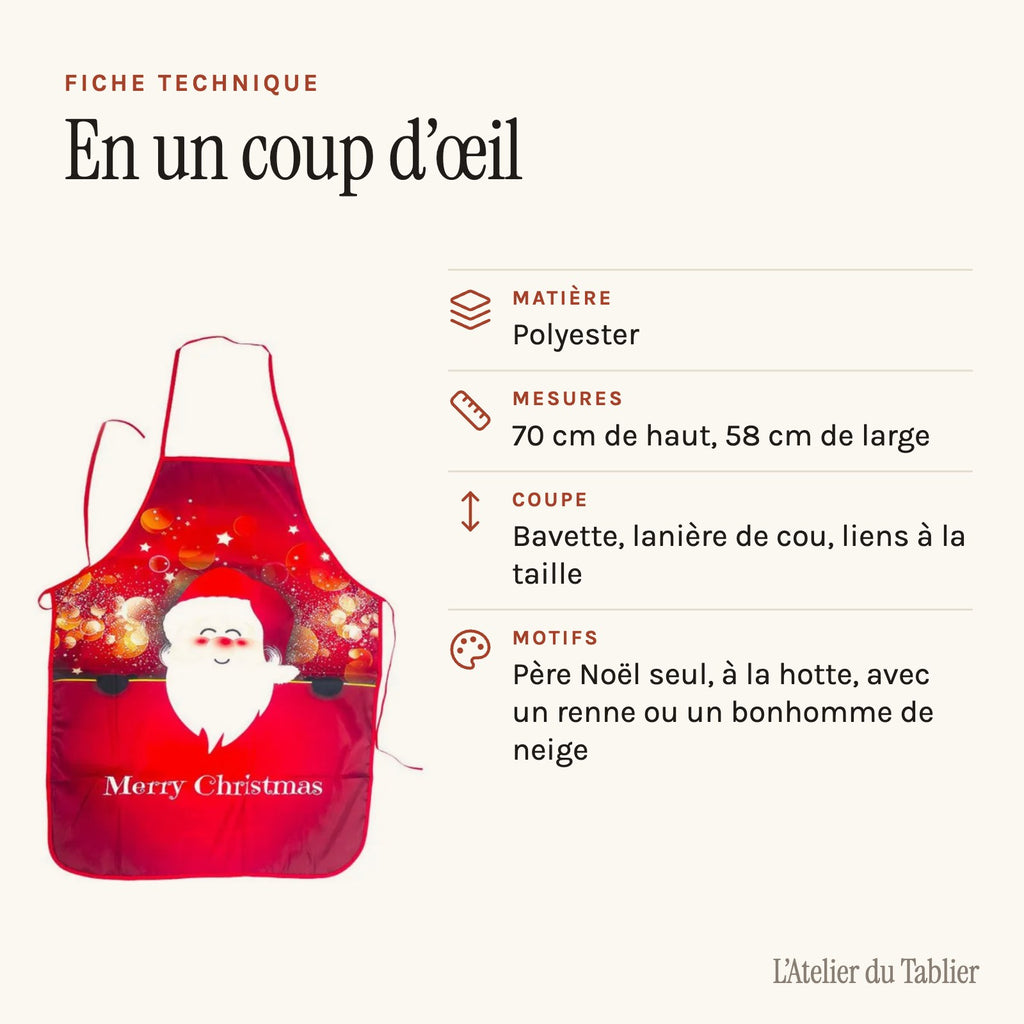 Tablier de cuisine Père Noël, quatre motifs de fête, fiche technique