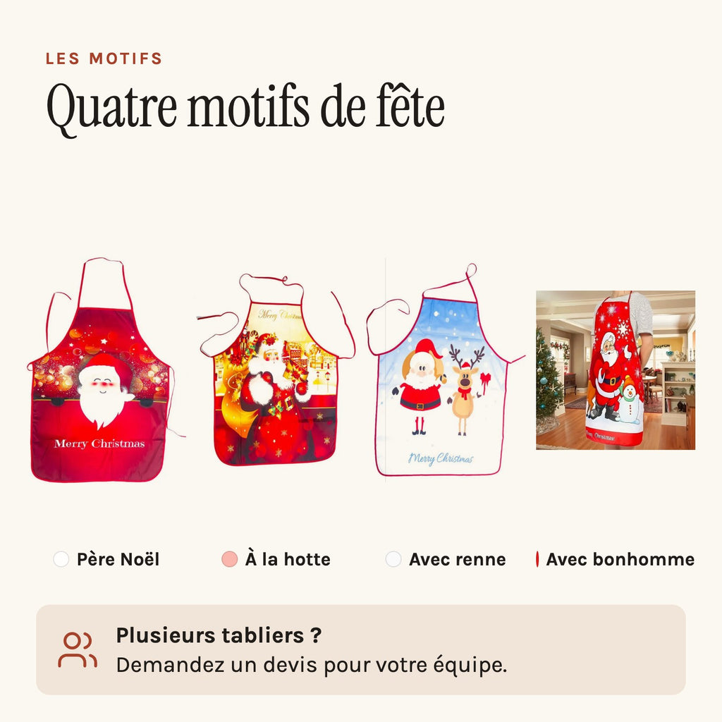 Tablier de cuisine Père Noël, quatre motifs de fête, les quatre motifs
