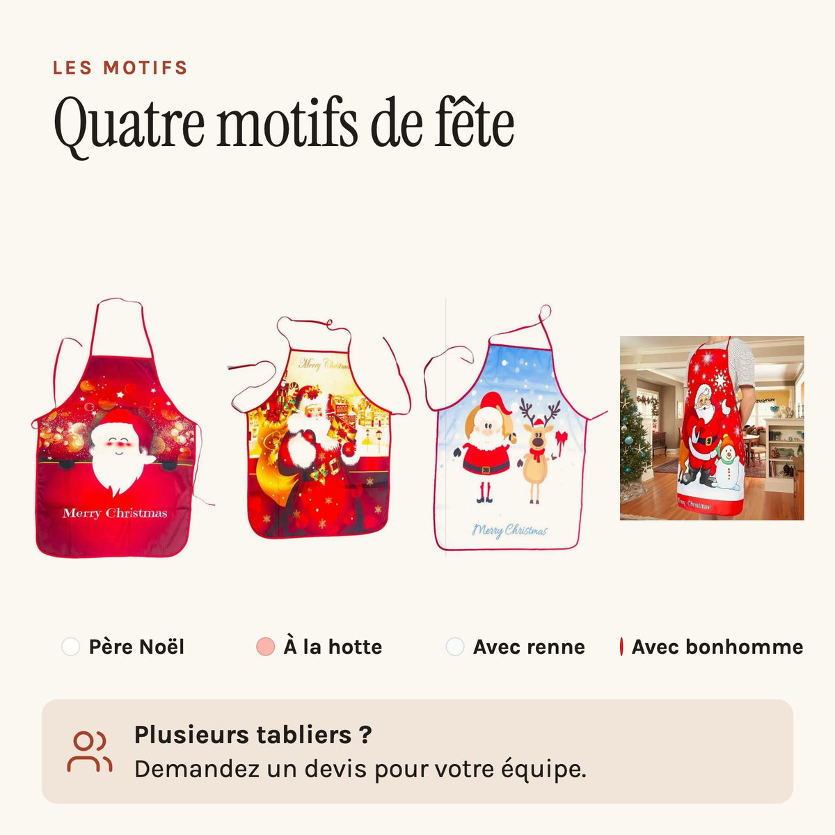 Tablier de cuisine Père Noël, quatre motifs de fête, les quatre motifs