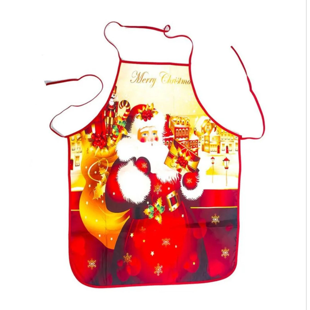 Tablier de cuisine Père Noël, quatre motifs de fête, motif Père Noël à la hotte, de face