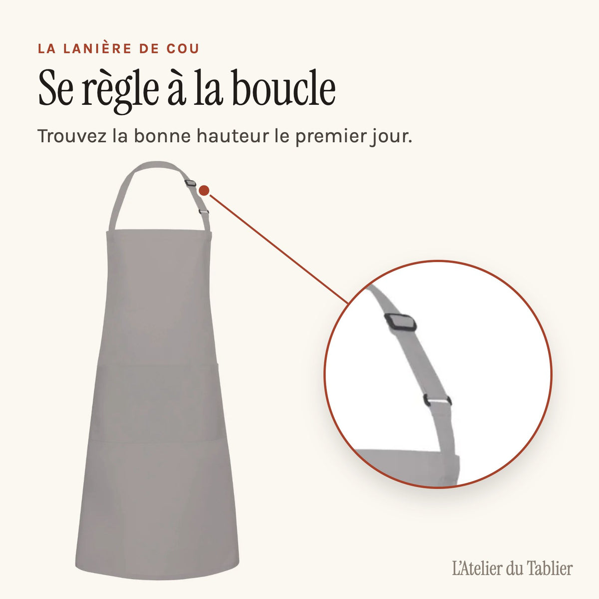 Tablier Professionnel Gris, sangle de cou réglable à la boucle