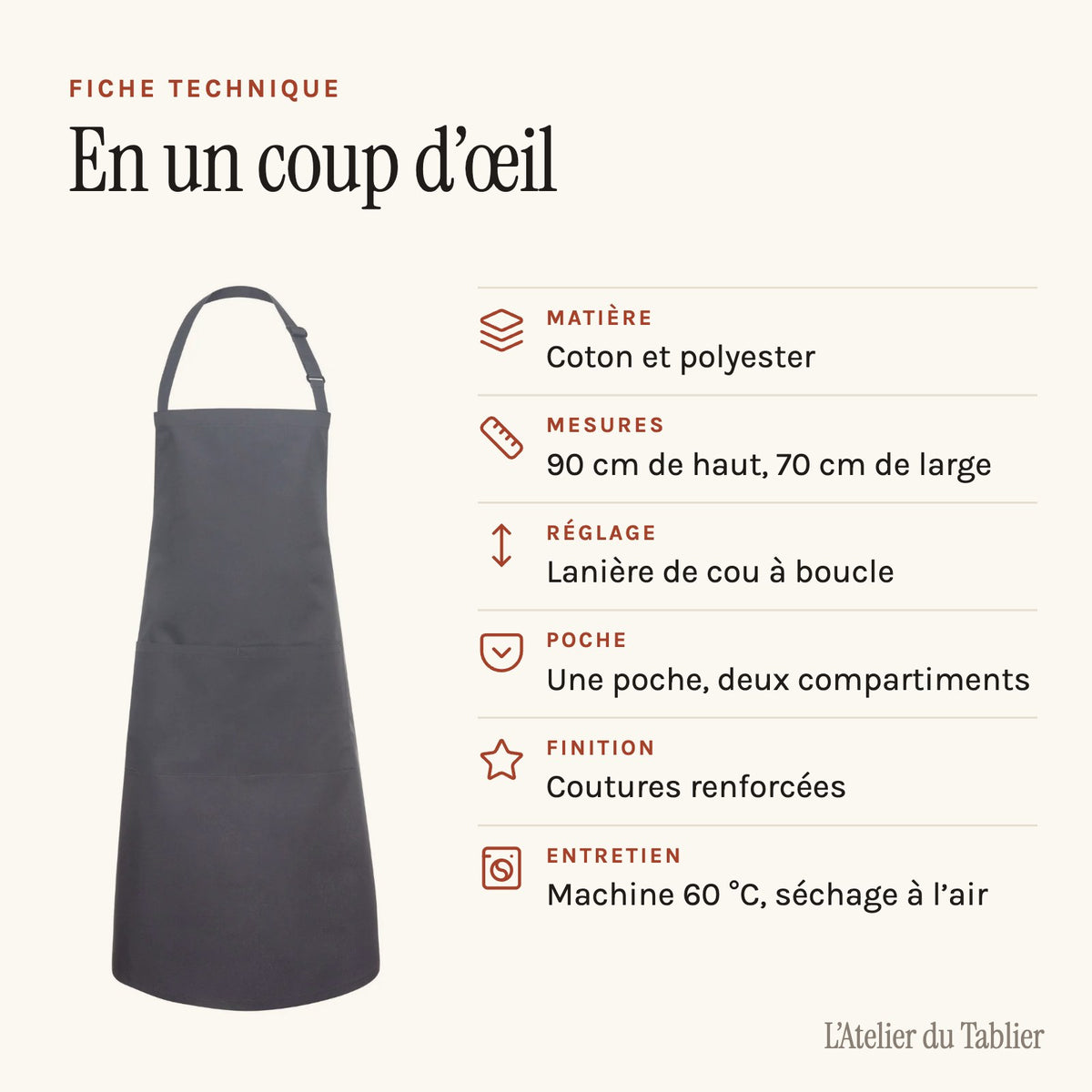 Tablier Professionnel Gris, fiche technique