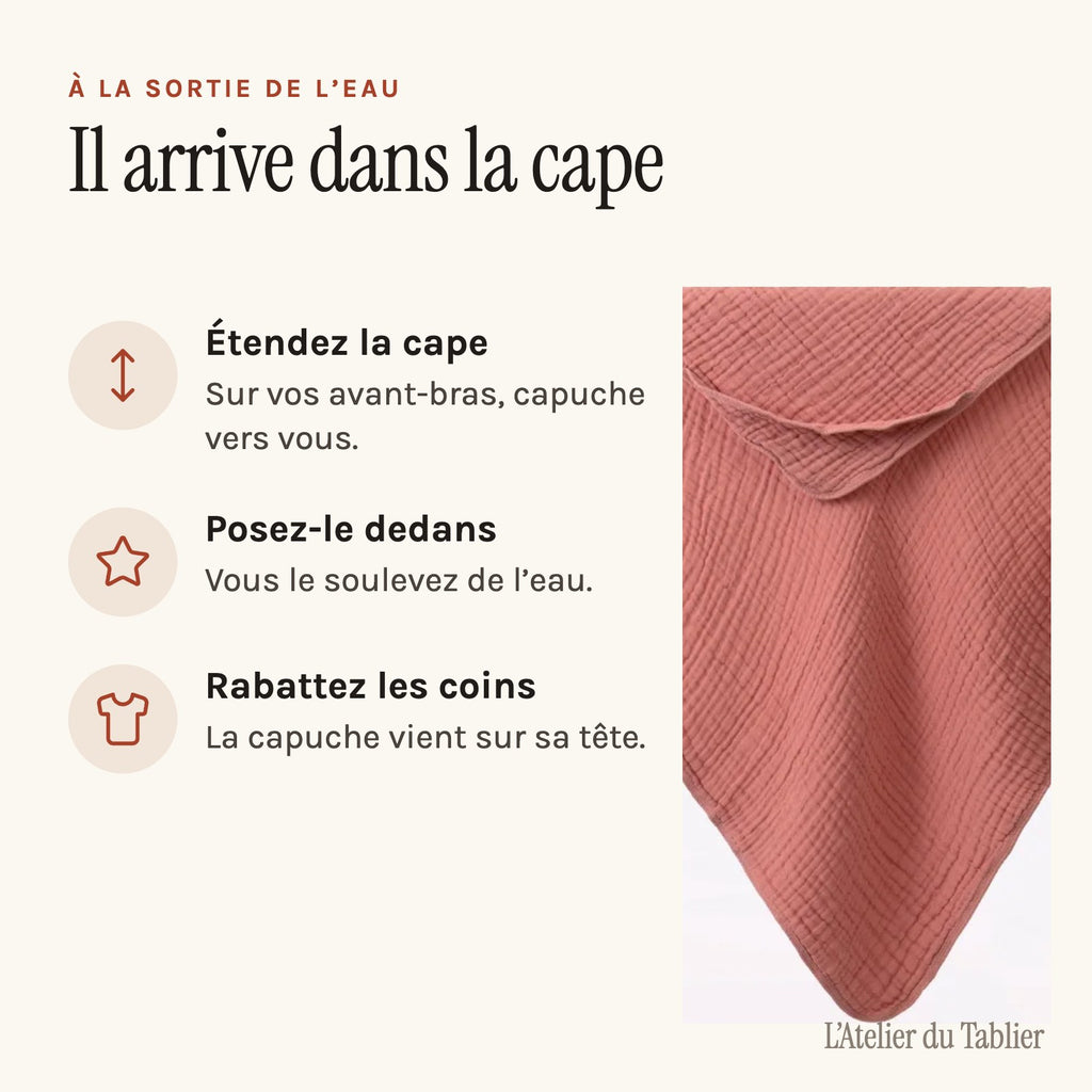 Tablier de bain bébé, la cape à capuche qu'on tend sur les bras, à la sortie du bain