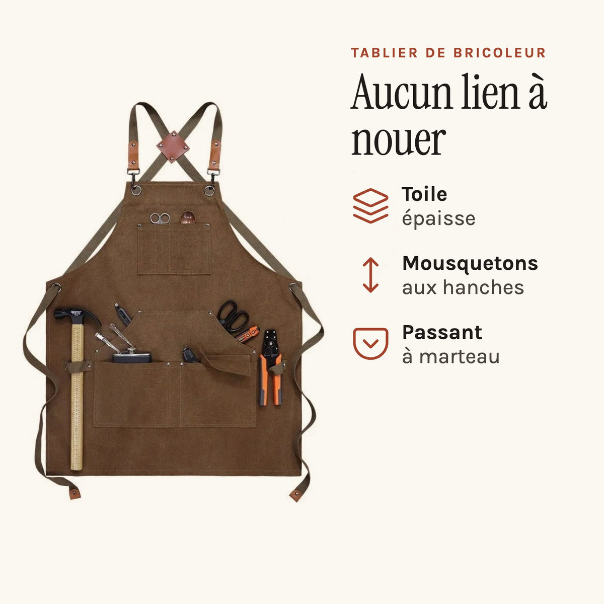 Tablier de bricoleur en toile épaisse, à passant pour marteau, camel, poches garnies d’outils