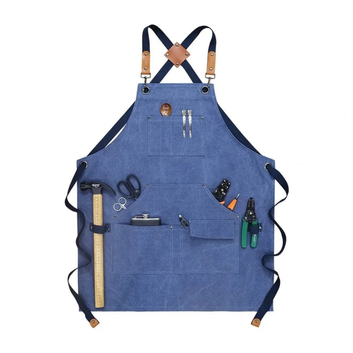 Tablier de bricoleur en toile épaisse, à passant pour marteau, bleu, de face