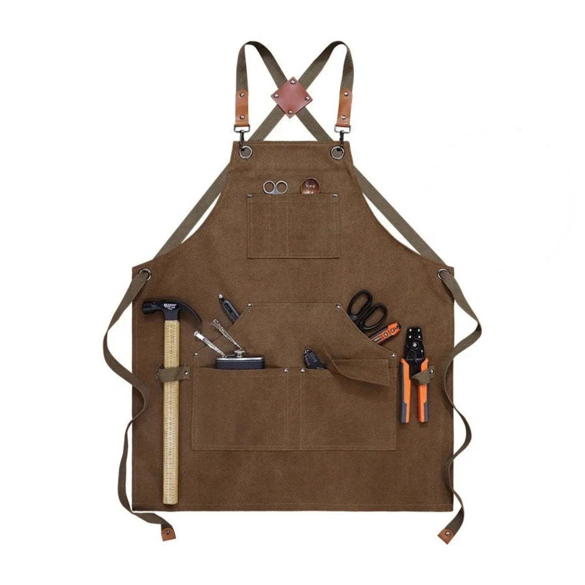 Tablier de bricoleur en toile épaisse, à passant pour marteau, camel, de face