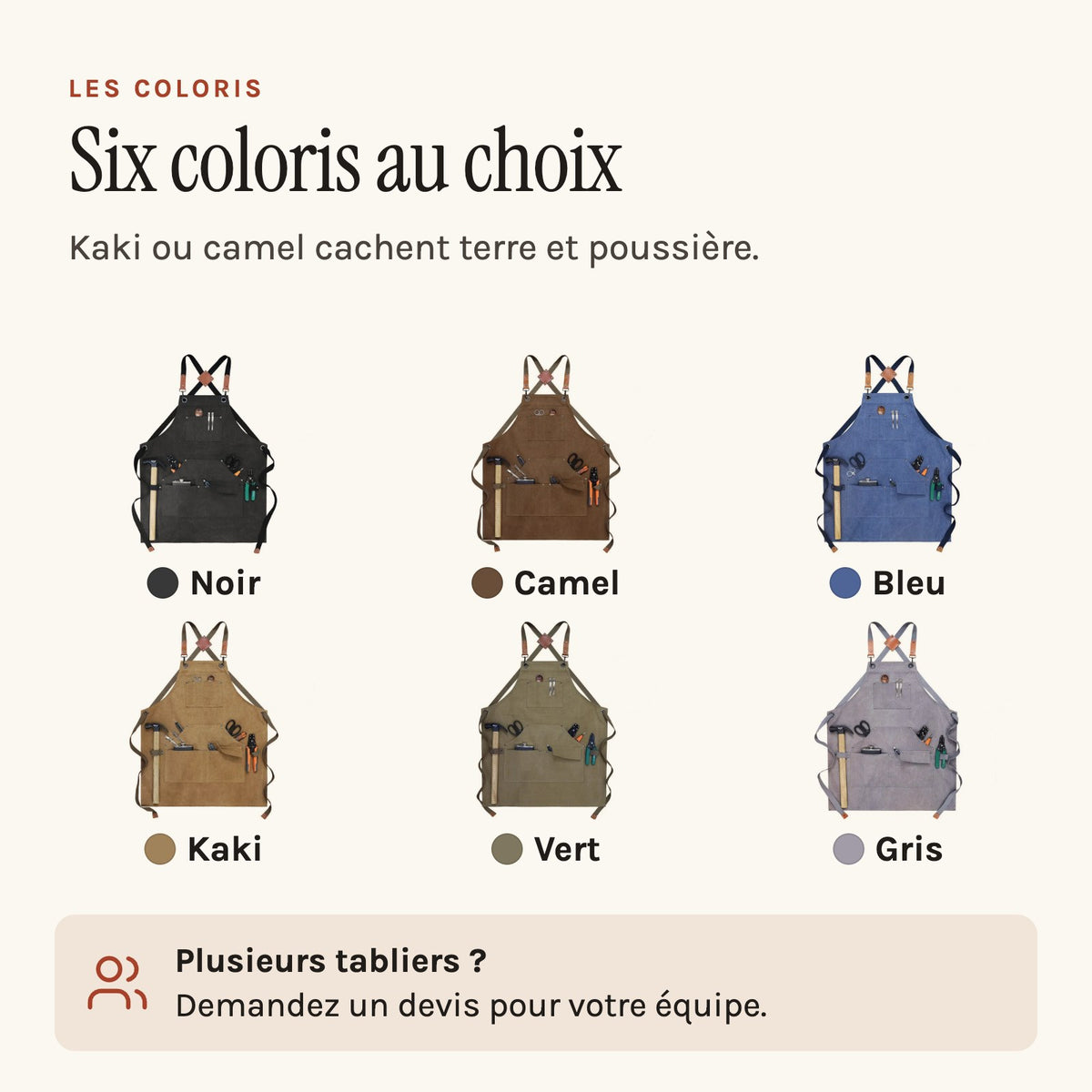 Tablier de bricoleur en toile épaisse, à passant pour marteau, les six coloris