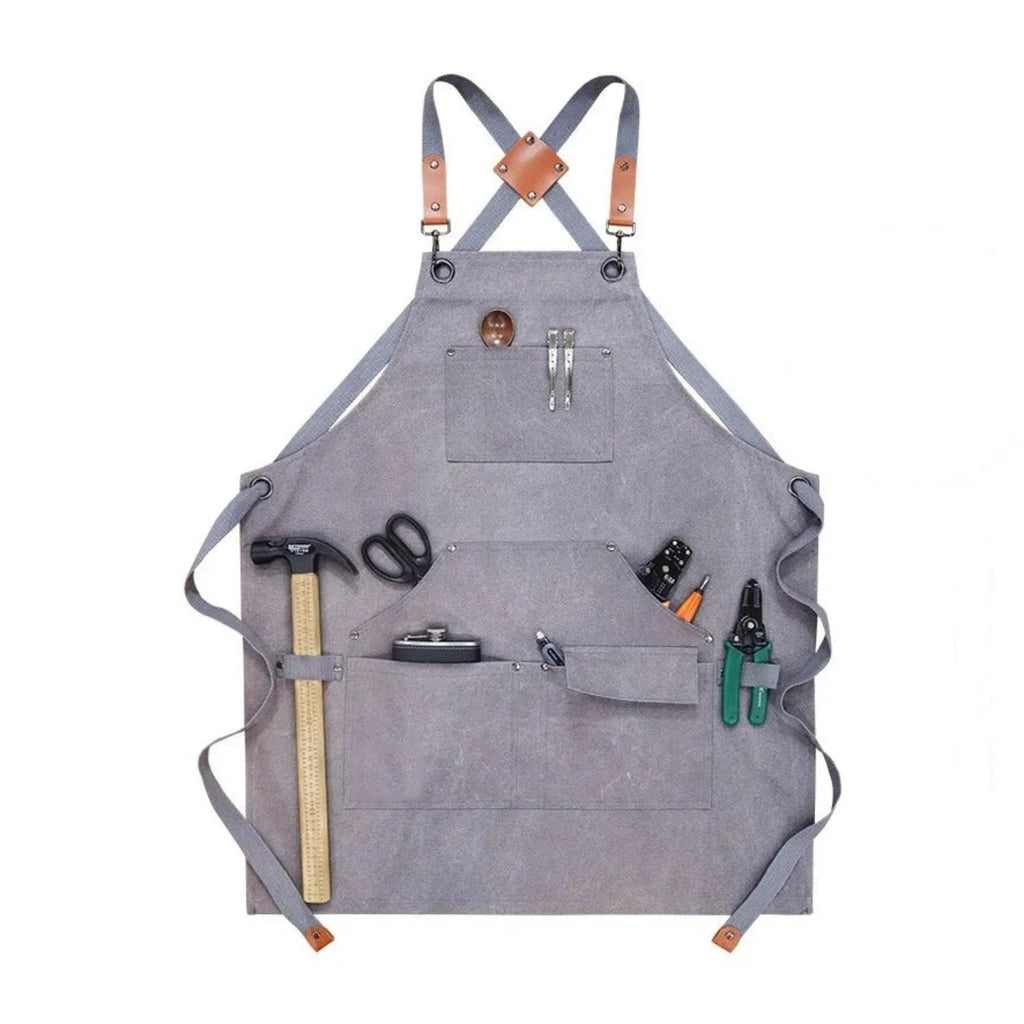 Tablier de bricoleur en toile épaisse, à passant pour marteau, gris, de face