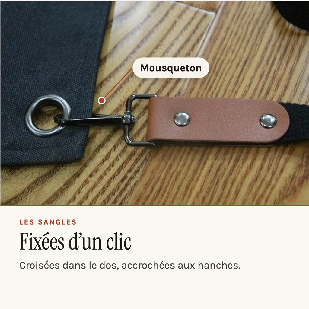 Tablier de bricoleur en toile épaisse, à passant pour marteau, mousqueton de la sangle