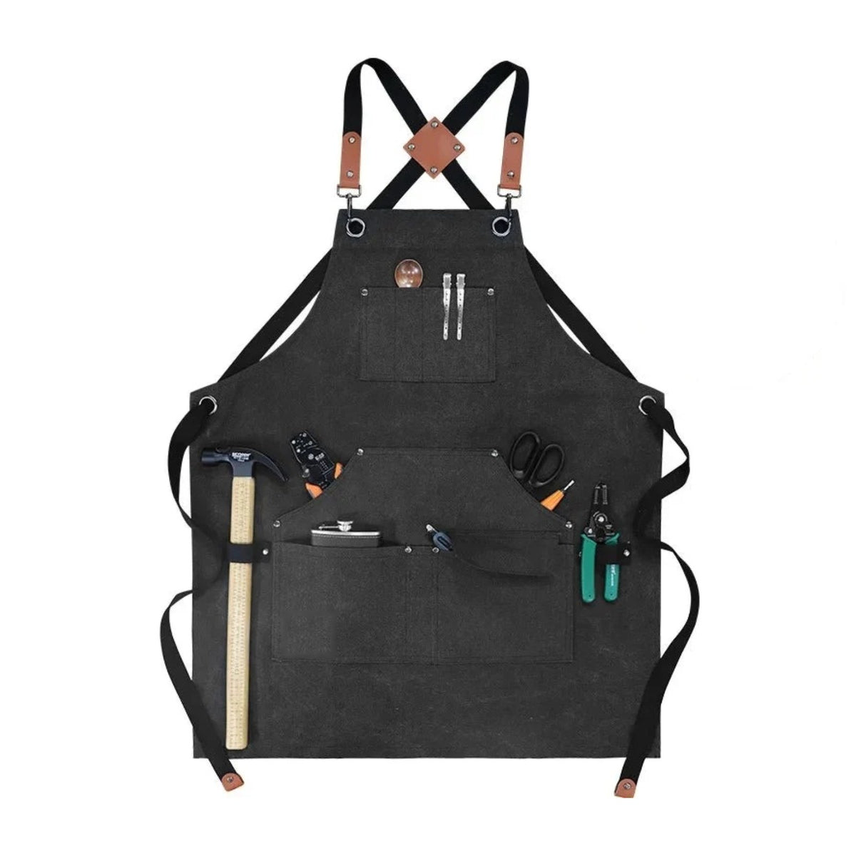Tablier de bricoleur en toile épaisse, à passant pour marteau, noir, de face