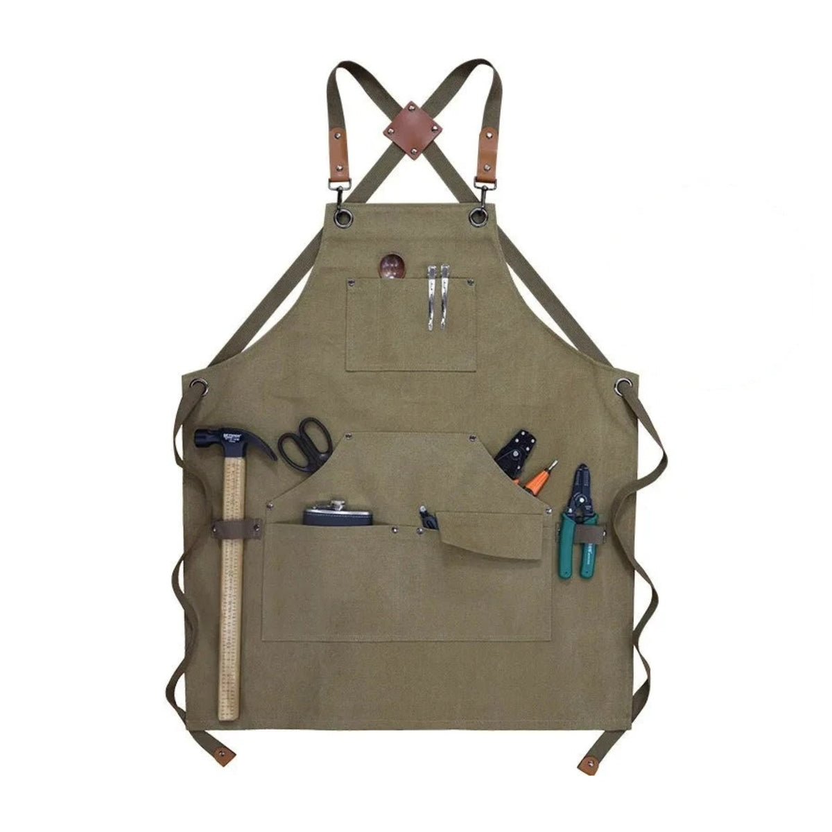 Tablier de bricoleur en toile épaisse, à passant pour marteau, vert, de face