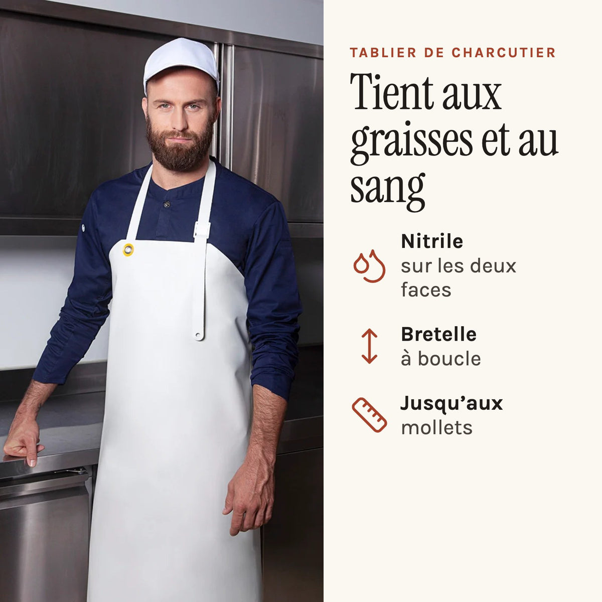Metzgerschürze für die Wurstküche, getragen, in der Produktion