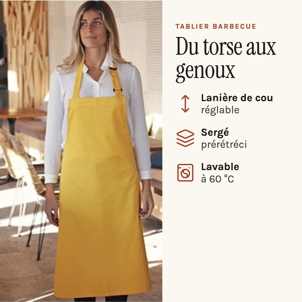 Tablier Barbecue Moderne, jaune porté, du torse aux genoux