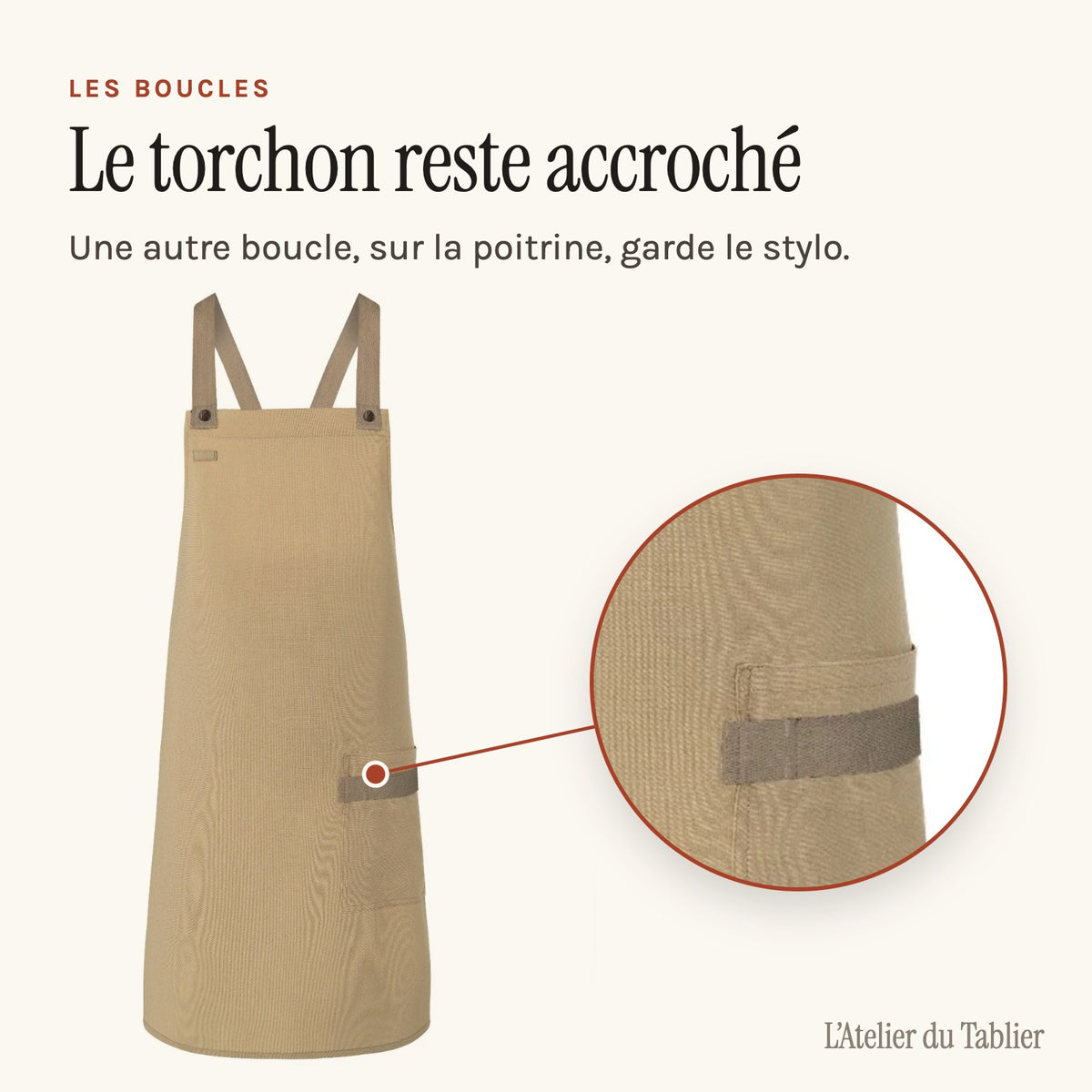 Tablier de Cuisine Femme Moderne, boucle porte-torchon sur la poche