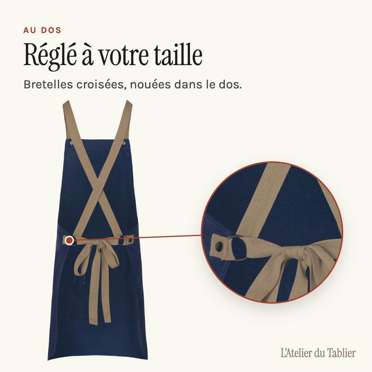 Tablier de Cuisine Femme Moderne, dos, bretelles croisées à nouer