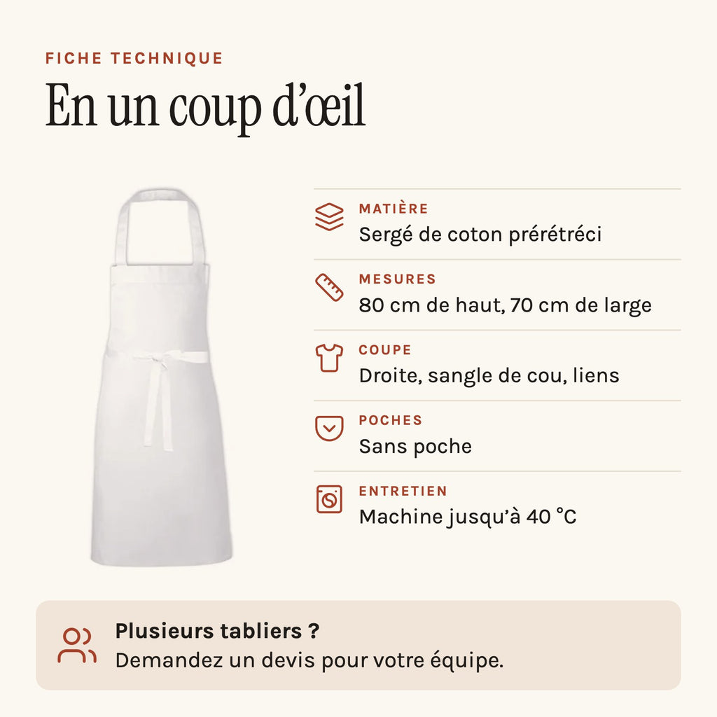 Tablier de cuisine homme blanc en coton, fiche technique