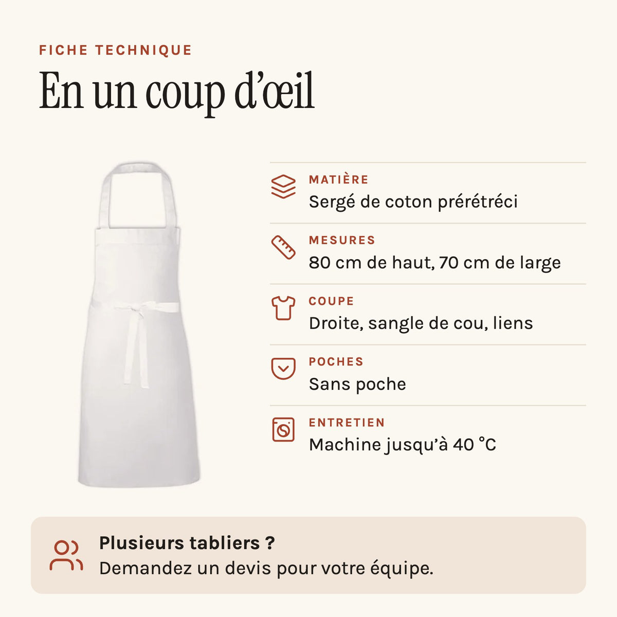 Tablier de cuisine homme blanc en coton, fiche technique