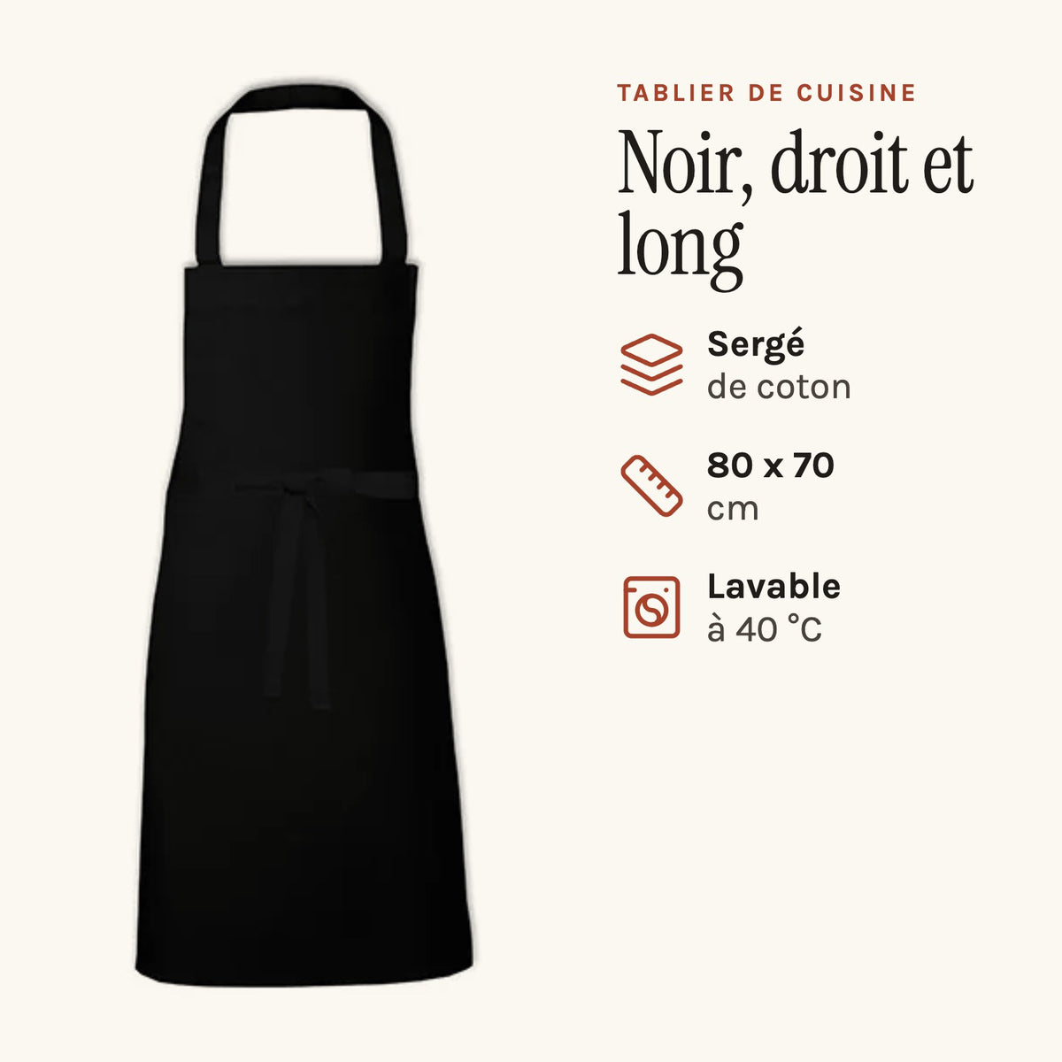 Tablier de cuisine homme noir, noir