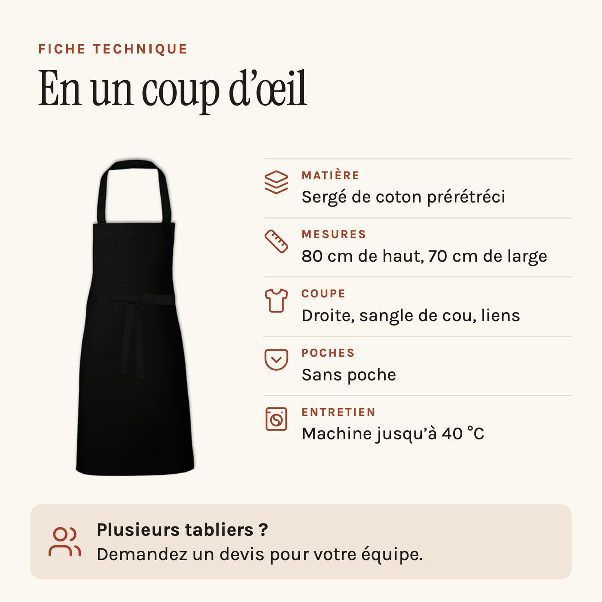 Tablier de cuisine homme noir, fiche technique