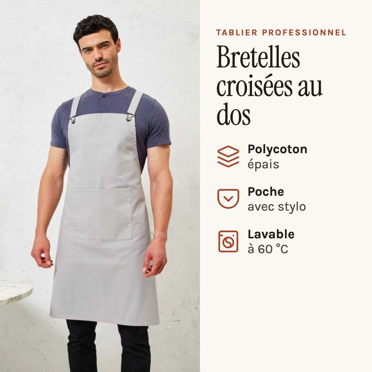 Profi-Kochschürze Modern, Silber, getragen