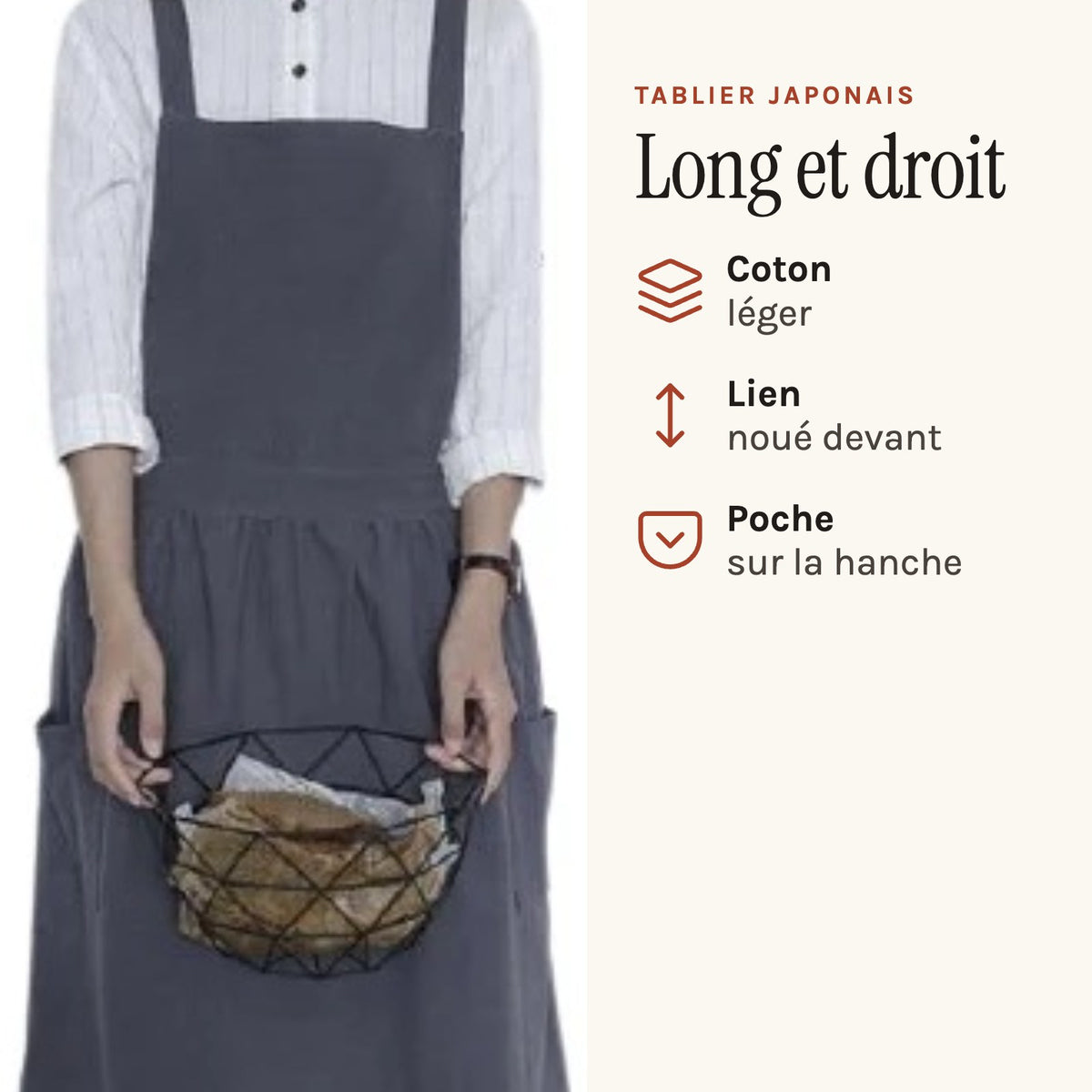 Grembiule da cucina giapponese in cotone, grigio, indossato