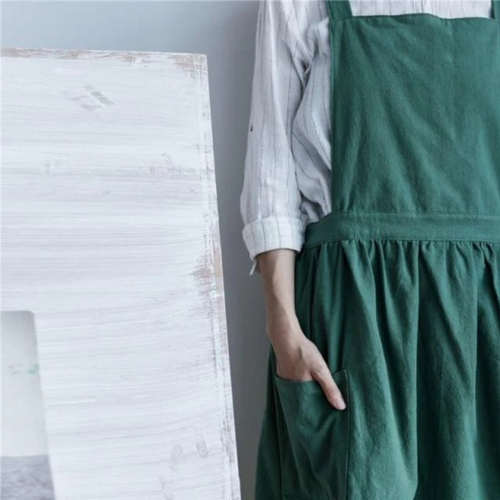 Grembiule da cucina giapponese in cotone, verde, indossato