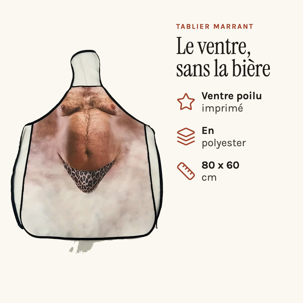 Tablier de cuisine marrant, ventre poilu et slip léopard imprimés