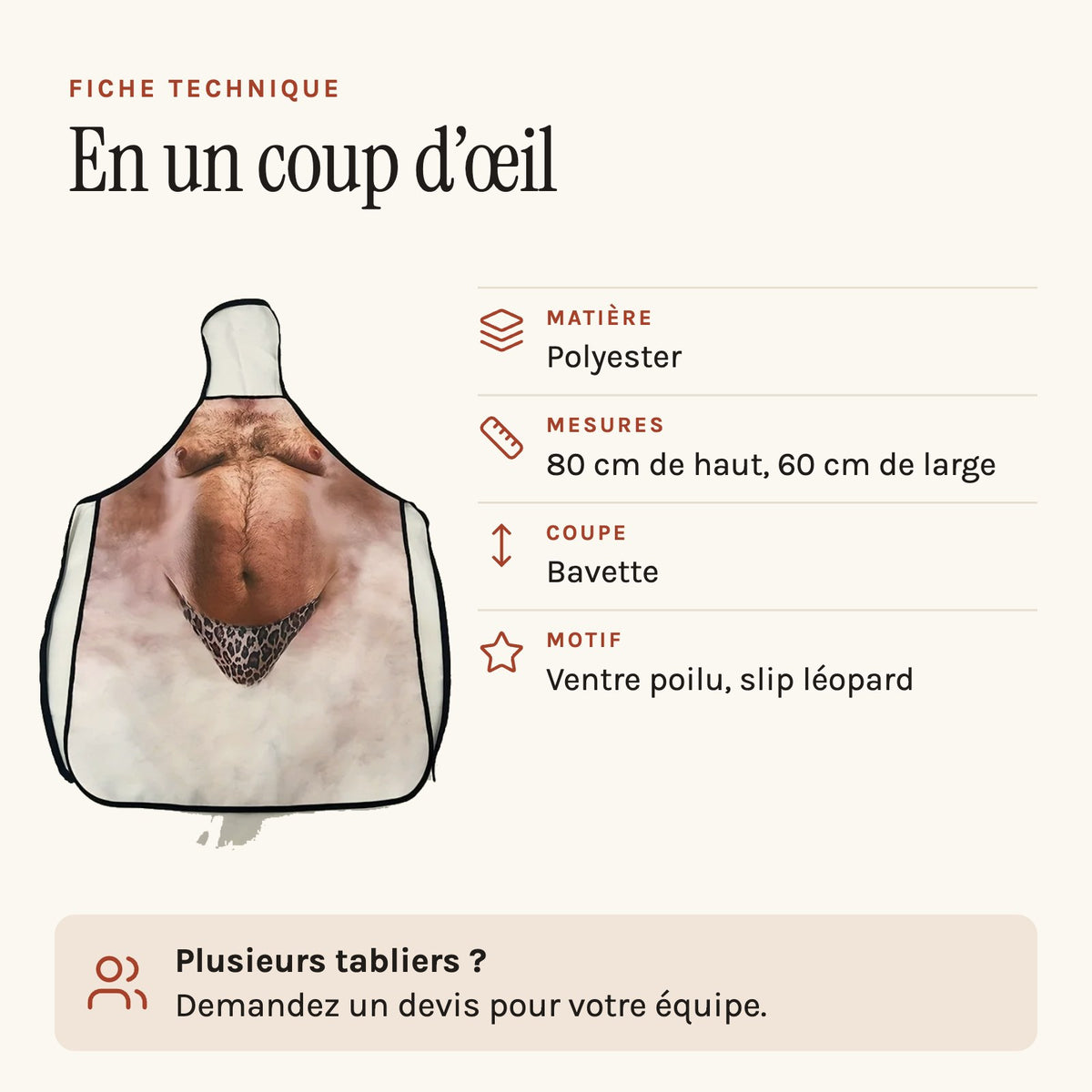 Tablier de cuisine marrant, ventre poilu imprimé, fiche technique