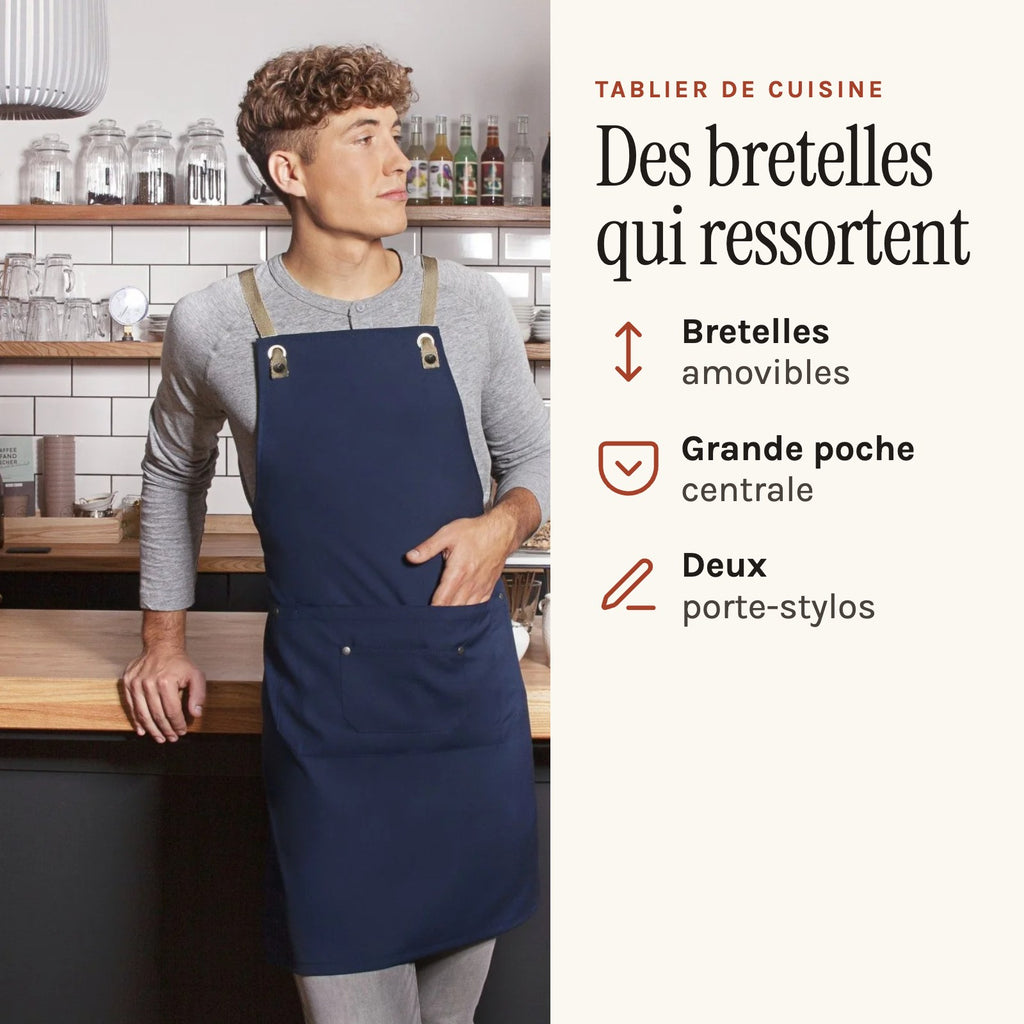 Tablier Moderne, bleu acier porté