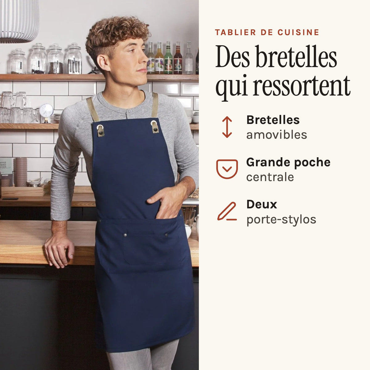 Tablier Moderne, bleu acier porté