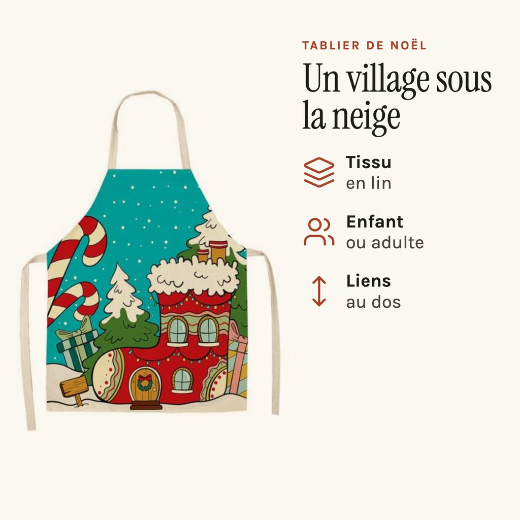 Tablier de cuisine à motif de Noël, village de Noël sous la neige