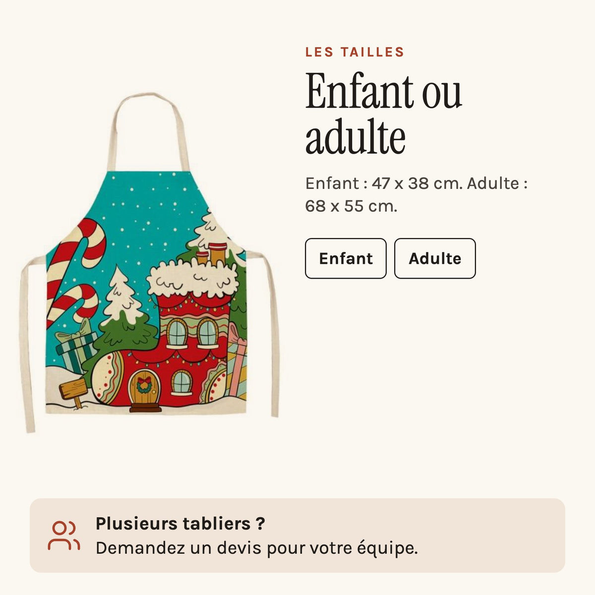 Tablier de cuisine à motif de Noël, les tailles