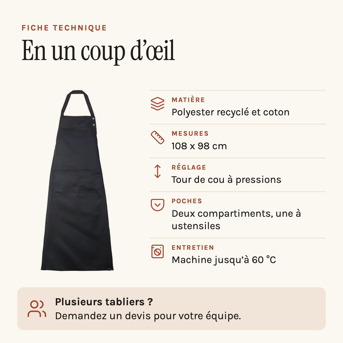 Tablier de cuisine noir professionnel, fiche technique