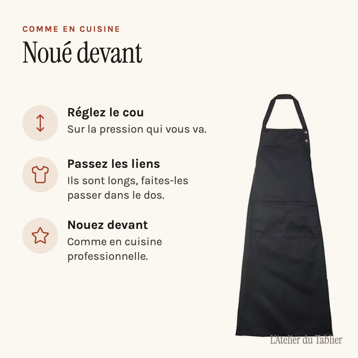Tablier de cuisine noir professionnel, noir, mise en place