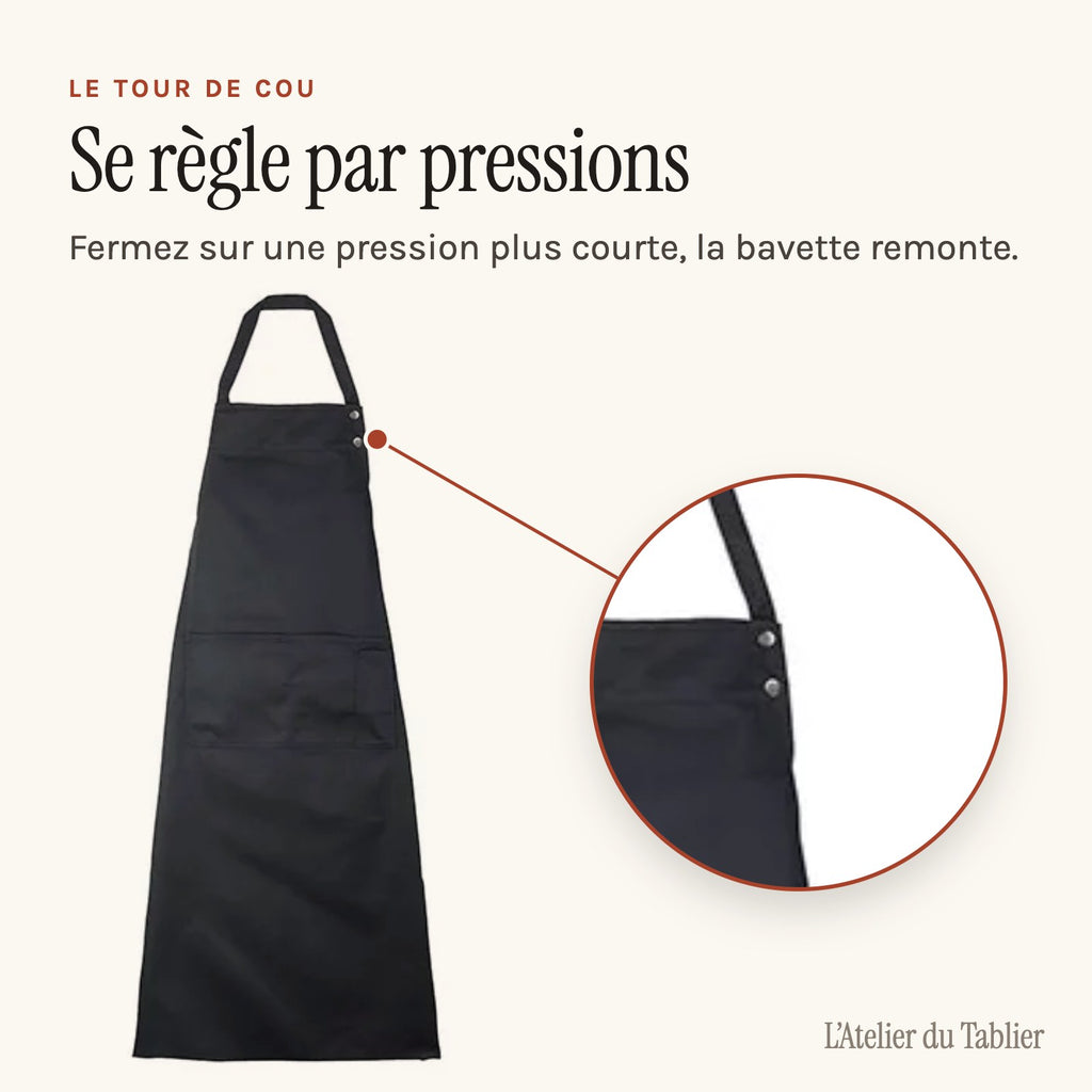 Tablier de cuisine noir professionnel, tour de cou réglable par pressions