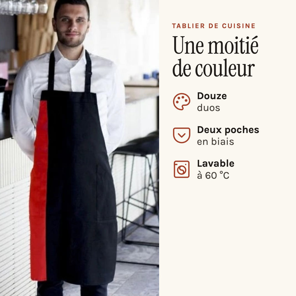 Tablier Original, noir et rouge, porté